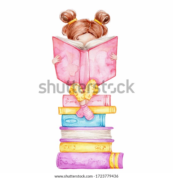かわいい女の子が本の山に本を読む 水彩手描きのイラスト キッドポスターやカードに使用できます 白い背景に のイラスト素材