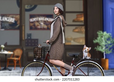 A Cute Girl Running With A Dog On The Back Of Her Bicycle In Front Of A Store On A Street Corner.3D Illustration 3D Rendering