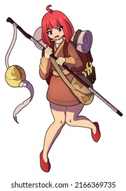 Cute girl traveler  drawn in anime style  She has red hair  large backpack and huge scroll behind her back  she is dressed in kimano   red shoes  she is holding staff and golden ball 