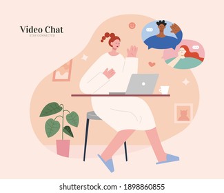 Cute Girl Video Chat With Friends, Family Or Colleagues To Keep Connected In Distance. Flat Illustration, Concept Of Showing Love And Smile Or Online Learning.