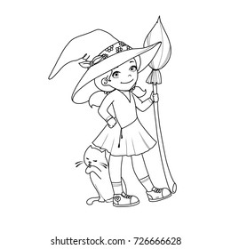 Cute Girl Witch Cat Broom Outlined Stock Illustration 726666628 ...