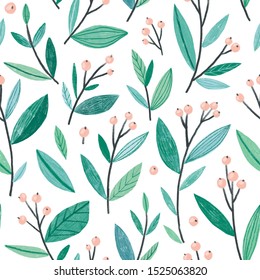 Cute girly seamless pattern    branches and leaves   berry  Botanical repeated design  Green design for fabric wallpaper 