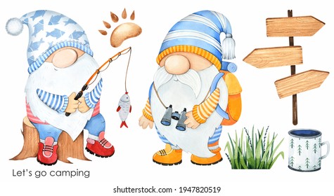 Cute gnome fishing on a white background. Camping set. Watercolor illustration.