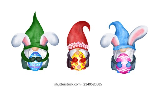 Cute Gnome Set With Easter Bunny Ears And Colored, Decorated Eggs In Hands. Watercolor Nordic Family Holiday Collection