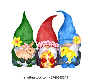 Cute Gnomes In Flowers On Hats With Easter Eggs, Bunny And Chick. Watercolor Illustration With Gnome Family For Spring Holiday