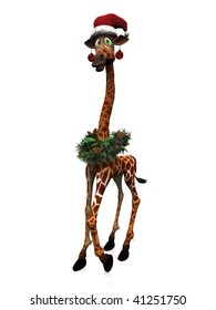 A Cute, Goofy Cartoon Giraffe Wearing A Santa Hat, Christmas Baubles And A Wreath. White Background.