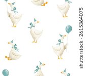 Cute goose pattern for boys, featuring funny geese in festive hats holding balloons. This playful design, set against a watercolor background, is perfect for kids