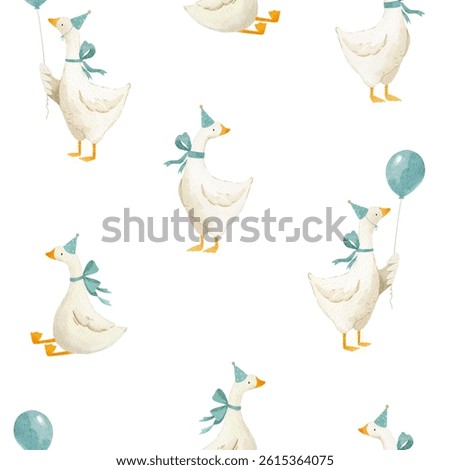 Cute goose pattern for boys, featuring funny geese in festive hats holding balloons. This playful design, set against a watercolor background, is perfect for kids' textiles and nursery decor.