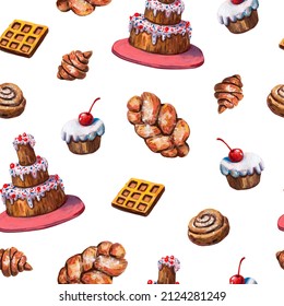 Cute Gouache Food Pattern. Big Birthday Cakes And Muffins. Bakery Sweets. Cute Cartoon Style.  Kitchen Background.  Tasty Cooking. Delicious Desserts.Tasty Sweets.