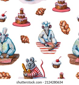 Cute Gouache Food Pattern. Red Bowls And Cakes. Bakery Sweets. Cute Rat. Chef Hat. Mouse Chef. Kitchen Background. Fresh Tasty Vegetable. Tasty Cooking.