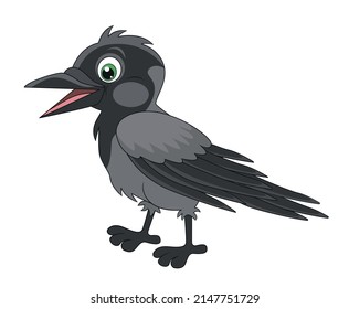 A cute gray black crow opened its beak. Cartoon picture for children with a black stroke on a white background.