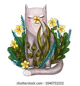 
A Cute Gray Cat Inhales A Flower. Children's Book Illustration. The Illustration Is Drawn By Markers