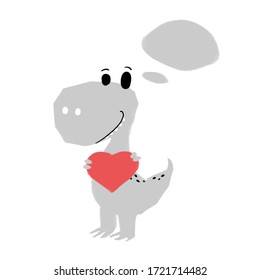 Cute Gray Dinosaur T Rex With A Red Heart In Paws. Children's Cartoon Illustration For Books, T-shirts, Presentations