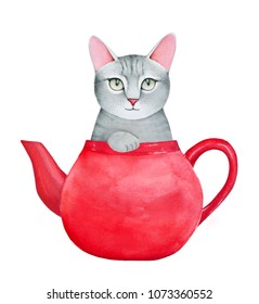 Cute Gray Kitty Character In Basic Red Ceramic Tea Pot. Blank Teapot Surface Can Be Used As Copyspace Place For Your Text Or Slogan. Handdrawn Water Color Graphic Illustration On White, Cut Out.