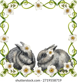 Cute gray rabbit in a square frame of white forget-me-not flowers, green leaves isolated on a white background. Watercolor animal clip art, hand-drawn in a realistic style, for Easter cards, banners, postcards, and wallpapers.