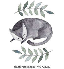 可愛い灰色の眠り猫 水彩の子どもと家畜のイラスト 眠れる愛らしいペット ギフトカード はがき グリーティングカード Tシャツ その他のデザインに最適な 手描きのイラスト のイラスト素材 Shutterstock