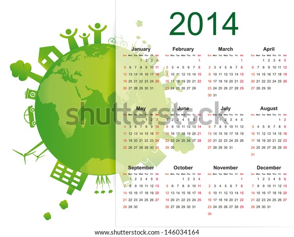 cute and green\
calendar on 2014 year with\
globe