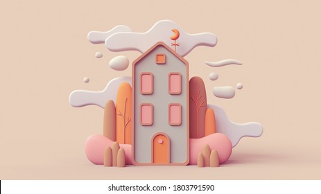 Cute green cozy Eco House with bushes, tall trees, white clouds. Sweet home. Stay Home. Modern house with red windows, orange door. Concept art Autumn mood in fall season. 3d render in pastel colors.