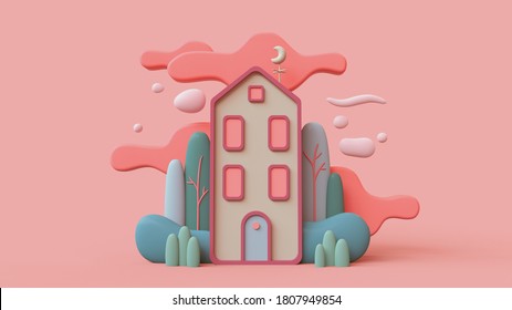 Cute Green Cozy Eco House With Bushes, Tall Trees, Red Clouds. Sweet Home. Stay Home. Modern Cartoon House With Windows, Blue Door. Concept Art Spring Mood. Hello Summer. 3d Render In Pastel Colors.