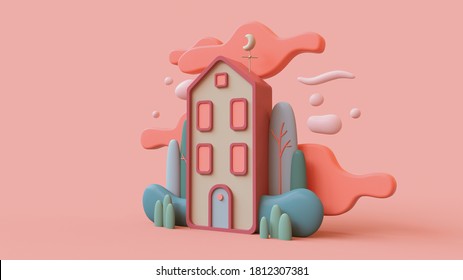 Cute green cozy Eco House and bushes  tall trees  red clouds  Sweet home  Stay Home  Modern cartoon house and windows  blue door  Concept art Spring mood  Hello summer  3d render in pastel colors 