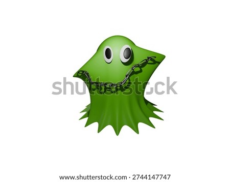 Cute green ghost in chains white background illustration