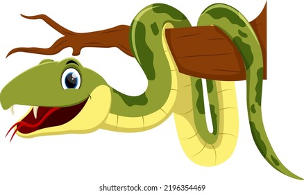 Cute Green Snake Cartoon On Branch