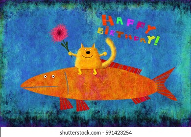 A cute greetings card: a fluffy yellow cat holding a pink aster sitting on a big fish on the beautiful dark blue background. - Powered by Shutterstock