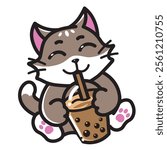 ”Funny cute grey drinking bubble tea" perfect for stickers, merchandise, mascots, clothing embroidery, and apparel designs.