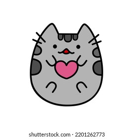 Cute grey kitten with pink heart in paws.Funny cartoon meow cat drawing illustration.T shirt kitty print design.Nice pet silhouette.Kawaii animal for kids.Vinyl wall sticker decal.I love cats icon.DIY