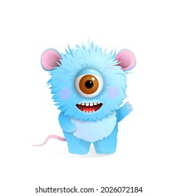 Cute Hairy Fluffy Monster With One Big Eye For Children, Greeting Or Congratulating. Smiling Imaginary Creature Design For Kids, Cartoon Character Illustration For Children.