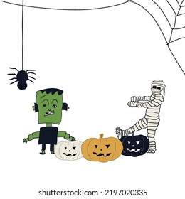 Cute Halloween Border Frame Illustrated Background With Place For Text. Hand Drawn Frankenstein, Zombie, Pumpkins, Black Spider And Spiderweb. Modern Minimal Design.