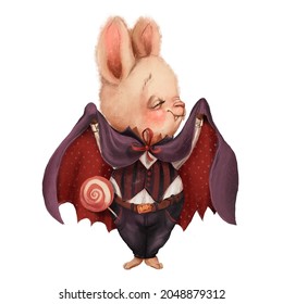 Cute Halloween Bunny In Vampire Costume With Lollipop