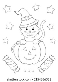 cute halloween coloring page cute cat and hat that is inside halloween pumpkin basket for trick treat candy  you can print it standard 8 5x11 inch paper