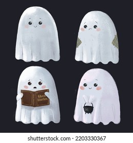 Cute Halloween Ghost Bundle Set Isolated On Blue Background