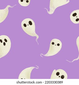 Cute Halloween Ghost Seamless Pattern On Lilac Background