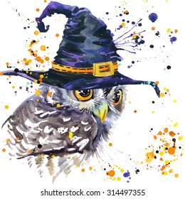 Cute Halloween owl and witch hat. watercolor illustration. arctic nature. forest animal. wildlife. night hunter.