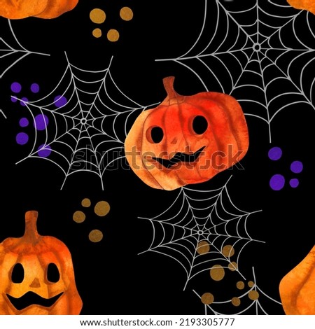Cute Halloween seamless pattern with pumpkins on spider web background. Hand drawn style watercolor. Halloween illustration on black.