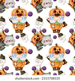 Cute Halloween seamless pattern cartoon character hand drawn illustration seamless pattern gnome skull pumpkin white background design for texture fabric wrapping paper decoration print t shirt 