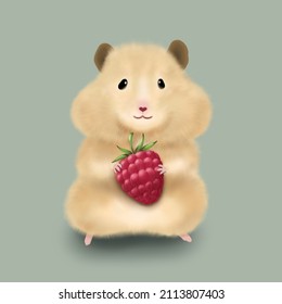 Cute Hamster With Raspberry In Hand.sweet Pet.chipmunk.guinea Pig .illustration.cartoon.background.