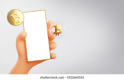 Cute Hand 3D Rendering Holding Phone Bitcoin Mockup Template