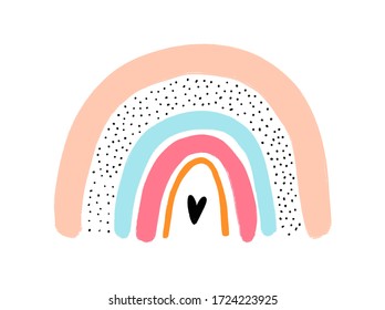Cute hand drawn baby rainbow in modern pastel color and scandinavian style. Baby decoration and print, pastel colors, white background.