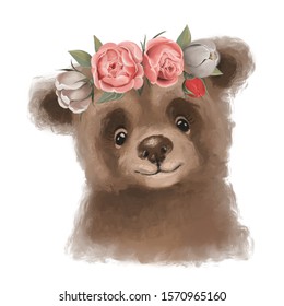 Cute hand drawn bear in floral wreath, flowers bouquet, woodland watercolor animal portrait