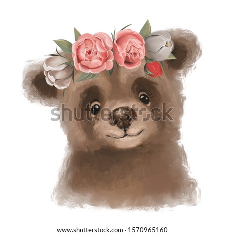 Cute hand drawn bear in floral wreath, flowers bouquet, woodland watercolor animal portrait