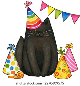 cute hand drawn black cat with party hat - Powered by Shutterstock