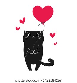 Cute hand drawn black cat with a heart shaped balloon. Valentines Day greeting card - Powered by Shutterstock