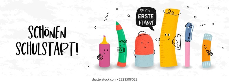 Cute hand drawn characters and German text saying "Happy first Day of school - you are the number one" - great for banners, invitations, advertising - Powered by Shutterstock