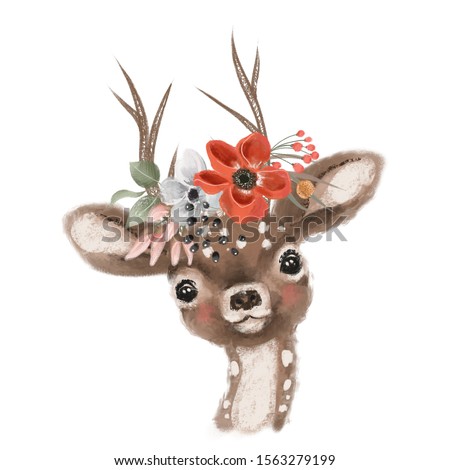 Cute hand drawn deer, fawn in floral wreath, flowers bouquet, woodland watercolor animal portrait