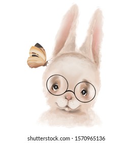 Cute hand drawn hipster bunny in glasses with butterfly, woodland watercolor animal portrait - Powered by Shutterstock