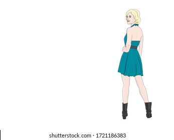 Cute hand drawn illustration fashion girl and short blond hair  Jewel tone color  Sapphire blue  Girl has hand hip   looks over her shoulder 