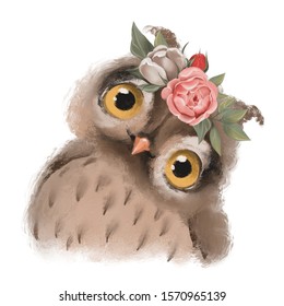 Cute hand drawn owl in floral wreath  flowers bouquet  woodland watercolor animal portrait